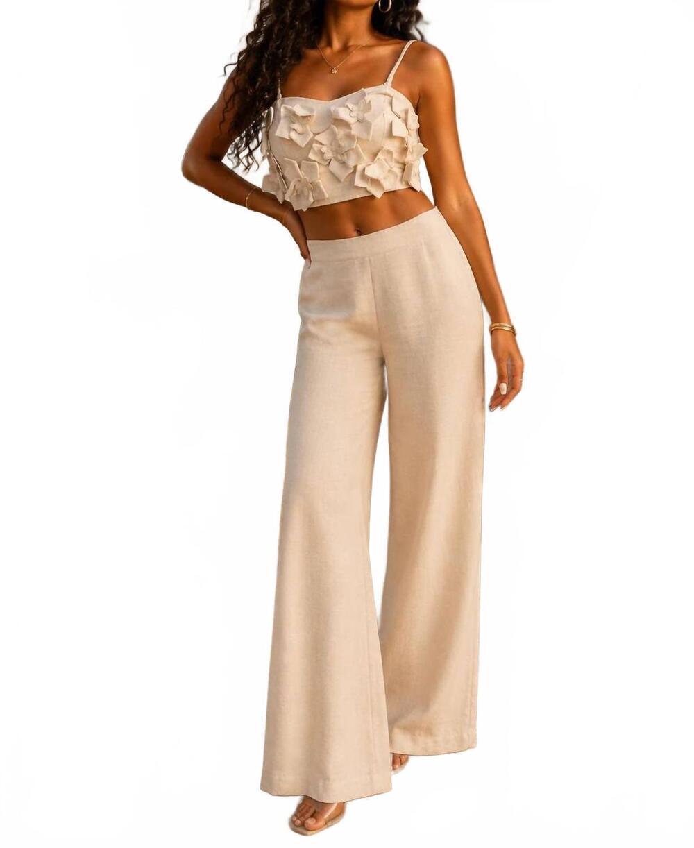 NEW SURELYMINE marbella floral appliqué wide leg pant set in beige